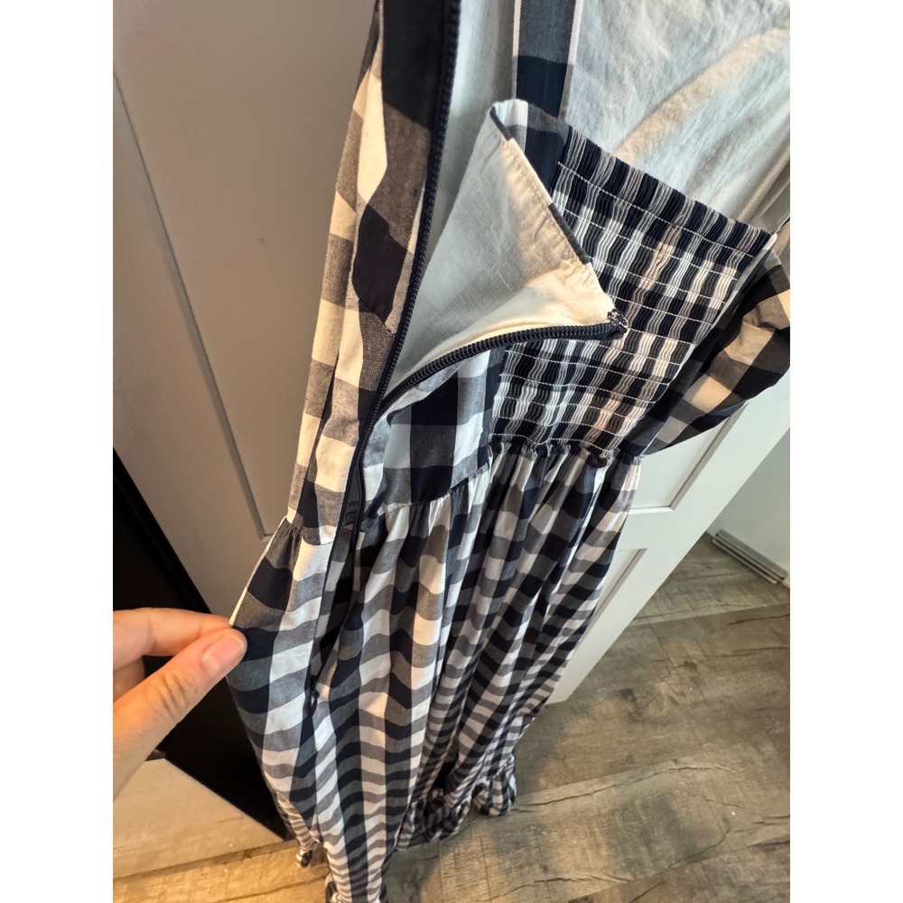 J. Crew Navy White Gingham Plaid Smocked Midi Dress Ruffle Hem Pockets XS - Picture 3 of 6